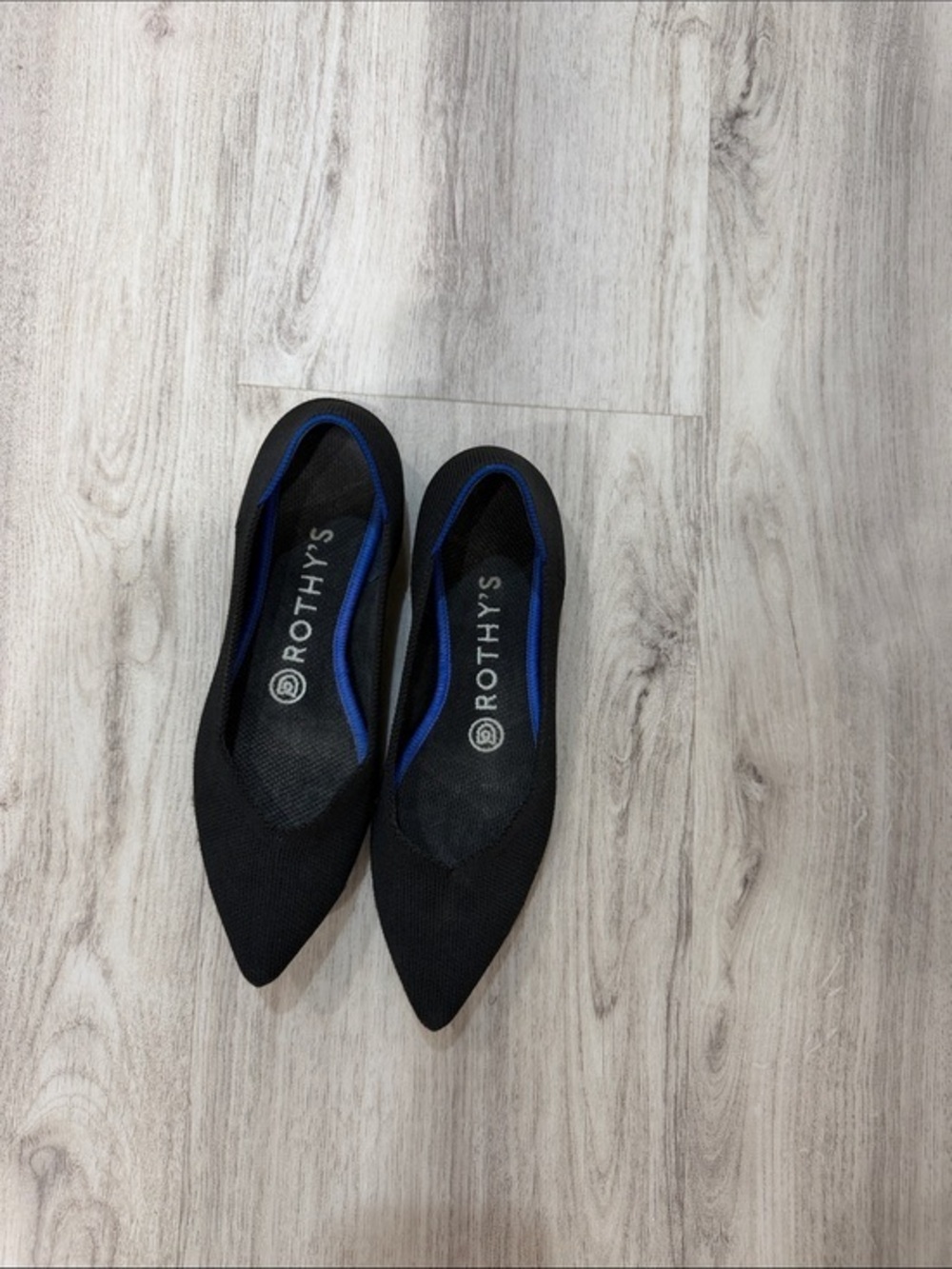 Rothy's Black Pointed Knit Flats with Blue Trim 6